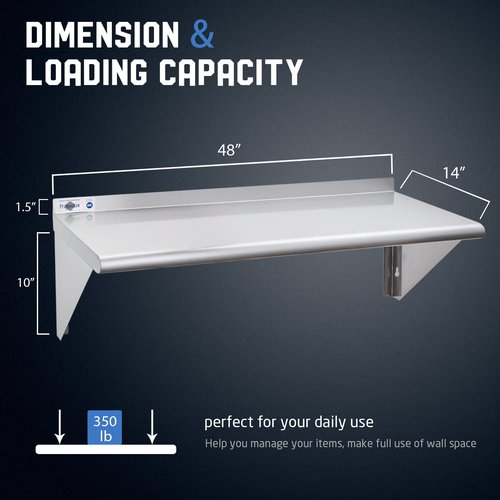 Profeeshaw NSF Stainless Steel Shelf 14” x 48”, 350 lb Commercial Shelves Wall Mounted Metal Shelving with Backsplash and 2 Brackets for Restaurant, Bar, Utility Room, Kitchen and Garage