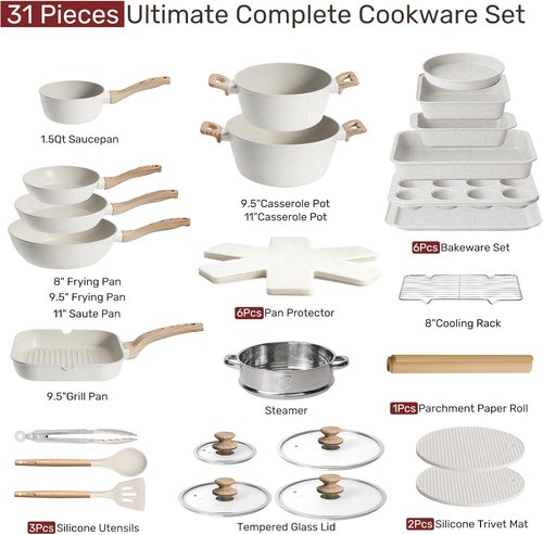Kikcoin Nonstick Pots and Pans Set - 31-Piece Kitchen Cookware Set with Grill Pan & Utensils | Cream White