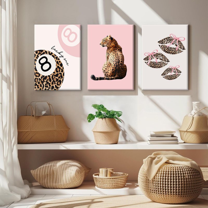 Pink Cheetah Wall Art Decor Leopard Preppy Trendy Canvas Poster Fashion Aesthetic Room Decor Y2k 8 Ball Prints Coquette Bow Picture Pink Lucky Painting for Dorm Girl Bedroom 16x24x3 Inch Ready to Hang