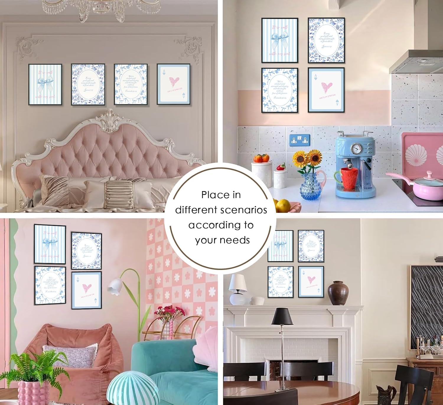 ULEGIE Coquette Blue Bow Wall Art Decor - Inspirational Bible Verses | Set of 4 Unframed 10x8 Inch Posters for Teen Girls' Rooms