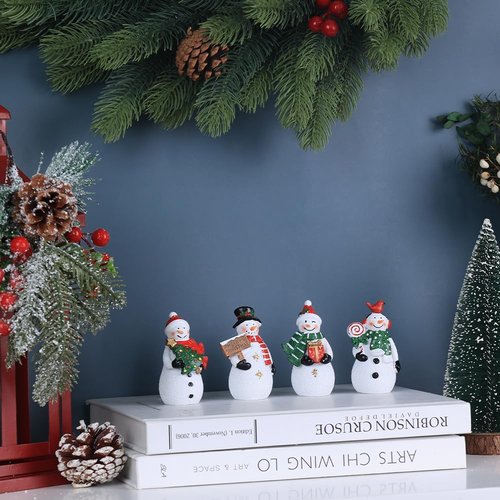 MEETYAMOR Christmas Snowman Ornaments - 4 PCS Rustic Resin Decor for Table & Home | Miniature Collectibles