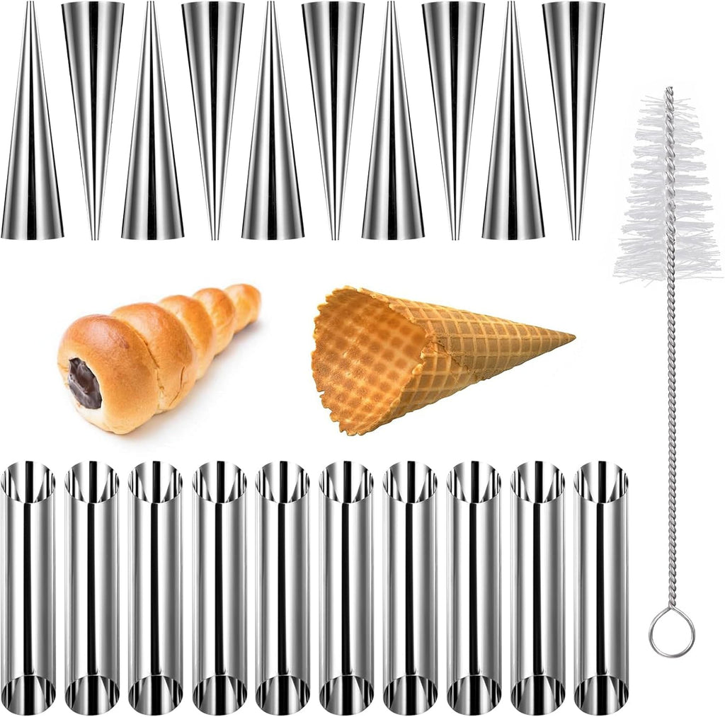 Skiennix 21 Pcs Cream Horn Mold Kit - Non-Stick Stainless Steel Baking Molds with Cleaning Brush | Perfect for Cannoli & Danish Pastries
