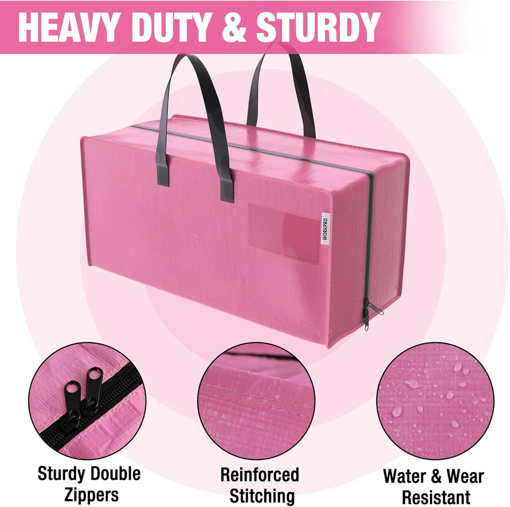 WORKPRO Extra Large Moving Bags - Heavy-Duty Storage Totes with Zippers & Carrying Straps (Pink)
