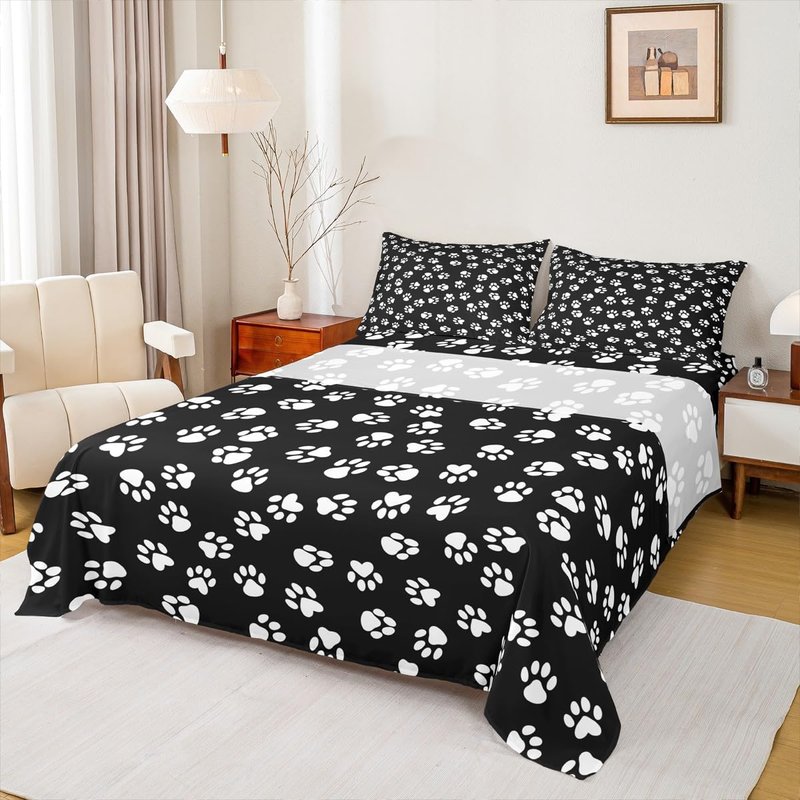 Homewish Dog Paw Print Kids Sheet Queen Size,Kawaii Pet Bedding Set,Boys Girls Adults Bedroom/Xmas/Halloween Decor,Cartoon Animal Black White Simple Bed Sheet Set 4pcs(Fitted + Flat + 2 Pillowcases)