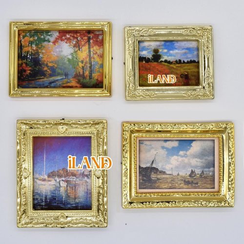 iLAND Miniature Dollhouse Accessories - 1:12 Scale Furniture & Classic Paintings Set (4 Golden Frames)
