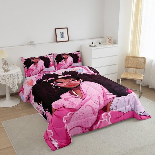 Manfei Black Princess Girly Kids Comforter Set Twin Size,Cartoon Love Heart Print Bedding Set,Girls Women Room Decor,African American Little Girls Down Comforter,Pink Dreamy Duvet Insert,1 Pillowcase