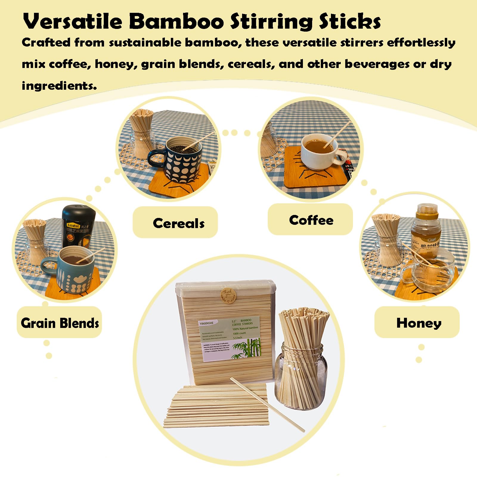 1000 Pcs Bamboo Coffee Stirrers, 5.5 Inch Disposable Coffee Stir Sticks, Coffee Stir with Smooth End, Stir Sticks for Coffee Bar, Stirrers for Cocktail, Hot Drinks, Coffee Bar Accessories (5.5")