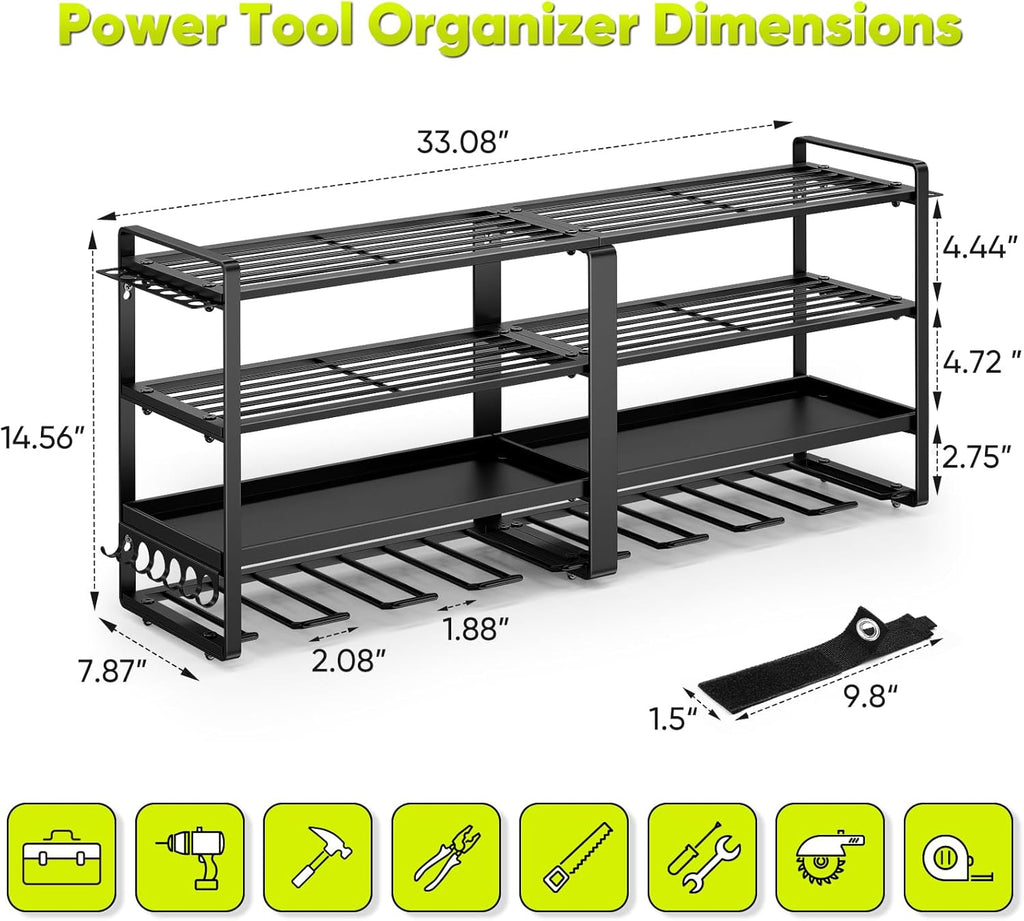 POKIPO Heavy Duty Power Tool Organizer - 33" Wall Mount Holds 400 lbs | 8 Drill & 4-Tier Battery Storage for Garage