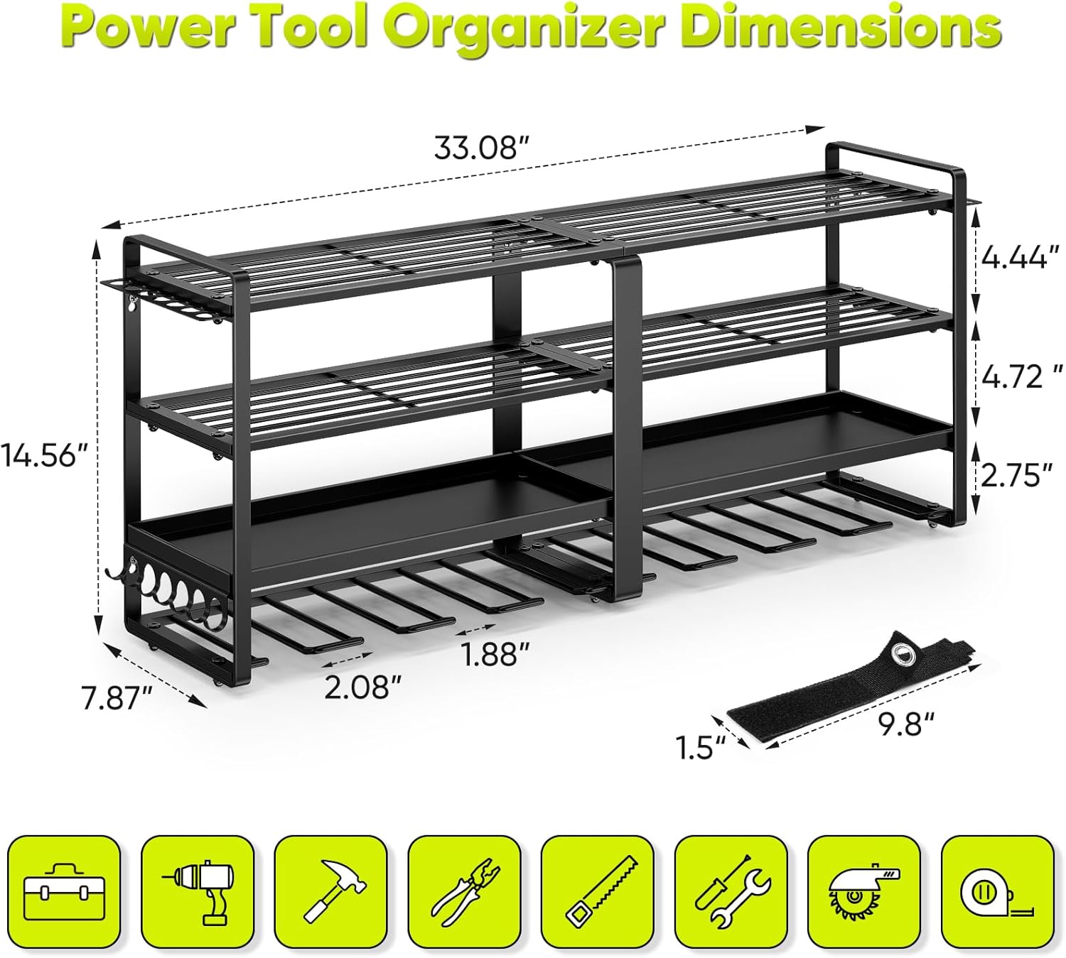 POKIPO 33" W Heavy-Duty Power Tool Organizer - Wall Mount Storage for 8 Drills & Batteries | Ideal for Garage & Workshop