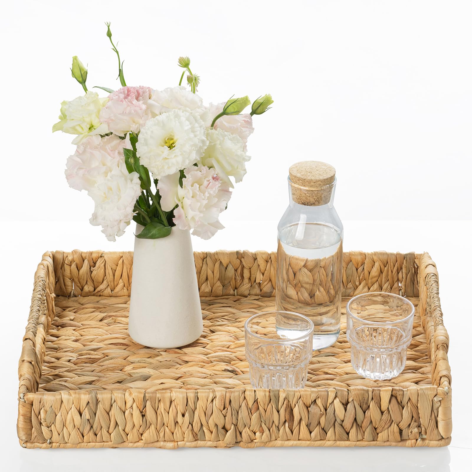 Rectangle Wicker Scalloped Serving Tray with Handles - Seagrass Handwoven Trays,Water Hyacinth Tray for Home Decor and Living Room, Dining Table, Bathroom Organizing, 17.3" L x 13.4" W x 3.6" H