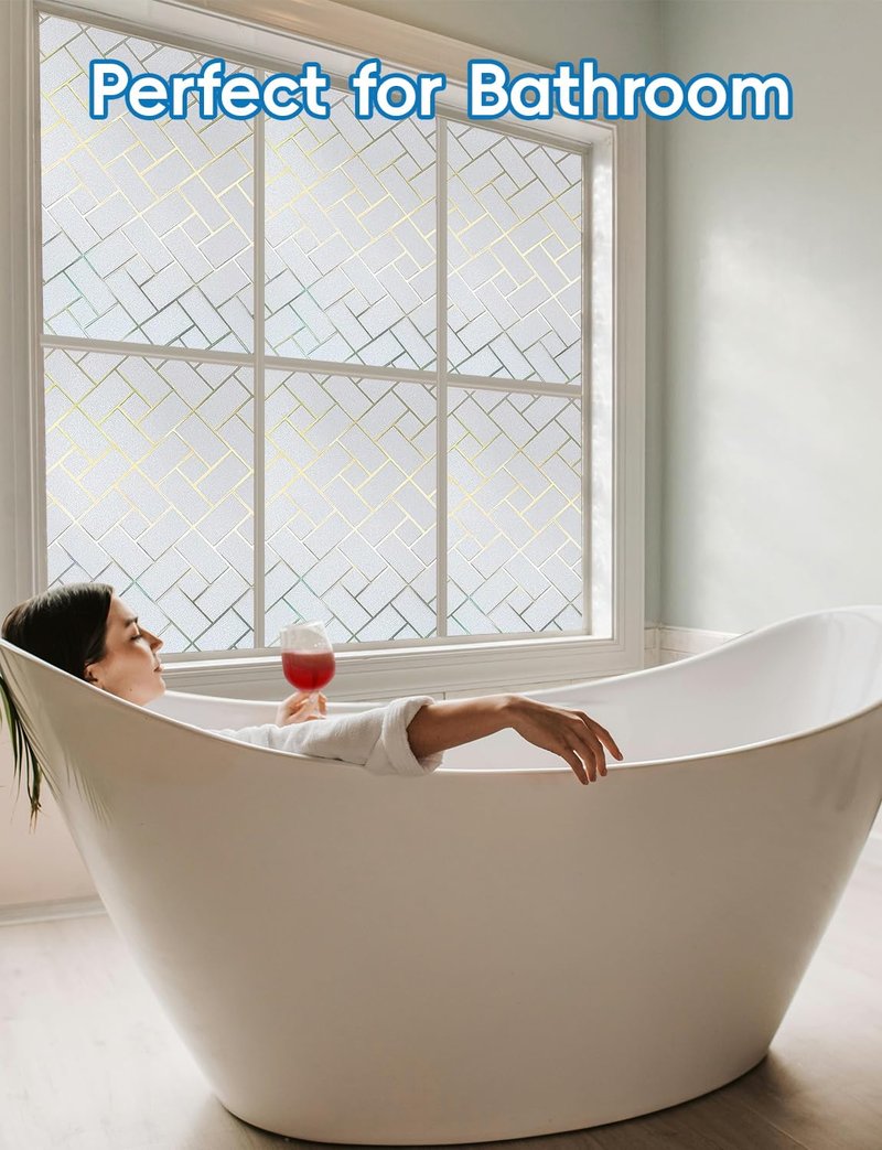 Frosted Glass Window Film Sun Blocking Window Tinting Film for Home, Static Clings Removable Frosting Bathroom Door Window Covering, 45.2 inch x 78.74 inch, White-Grid