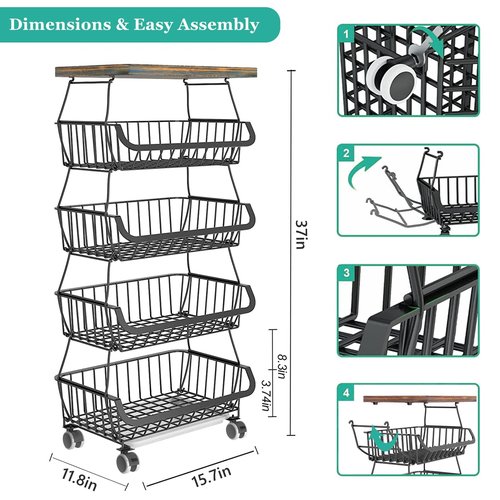 CHLORYARD Fruit Basket with Wooden Lid for Kitchen, 5-Tier Stackable Wire Fruit Vegetable Storage Basket Organizer Stand on Wheel, Produce Basket Potato Onion Storage Bins Rack Cart for Pantry