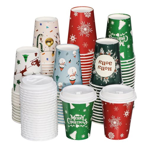 SUREPHON Christmas Disposable Coffee Cups with Lids, 60 Pack 12 Oz To Go Coffee Cups,6 Designs Christmas Coffee Drinking Paper Cups for Hot Chocolate, Hot Cocoa, Xmas Dinner Party