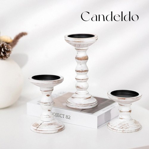 Candeldo Wood Candle Holders - Rustic Pillar Candle Holder Set of 3 | Tall Shabby Chic Decor for Farmhouse Mantle