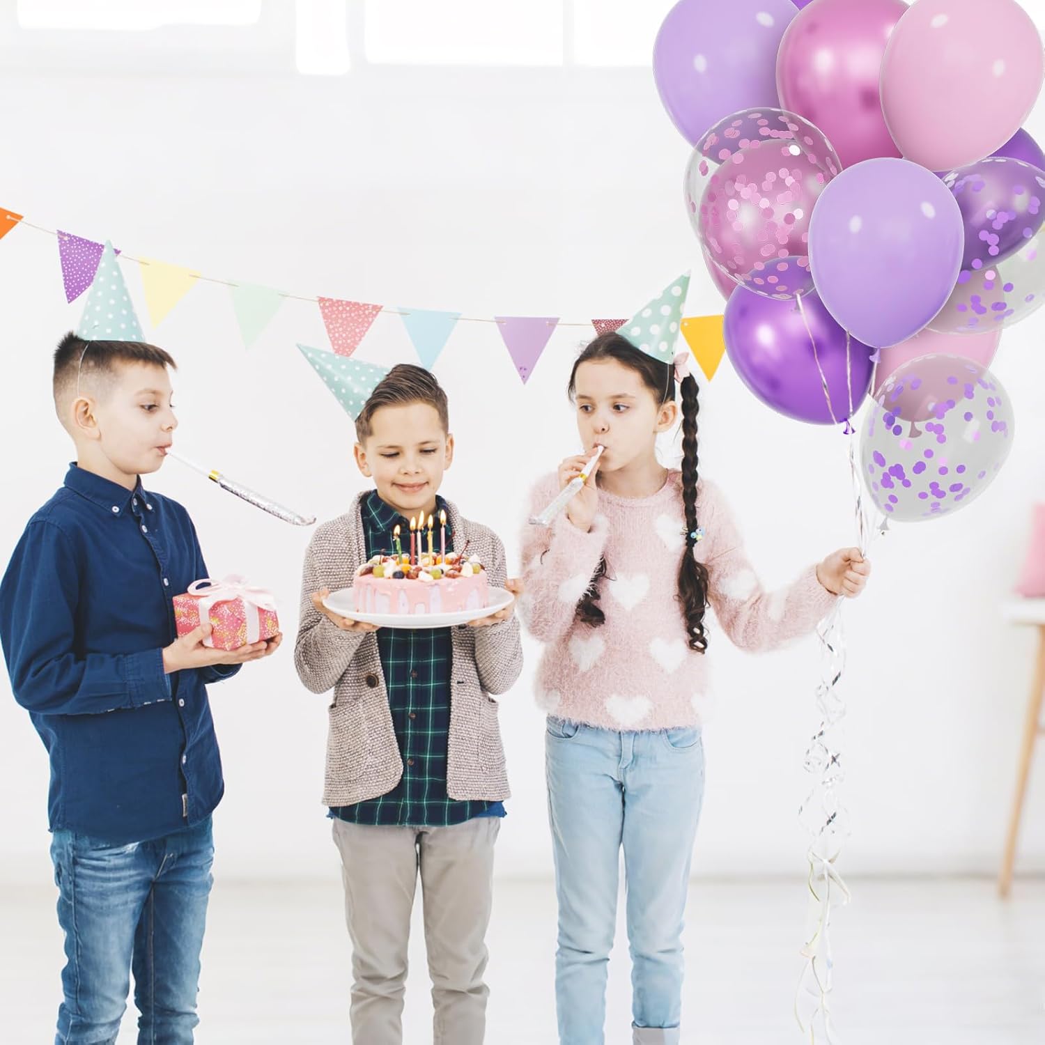 Skiennix 68Pcs Pink & Purple Balloons - 12 Inch Metallic Latex Balloons with Ribbons for Parties