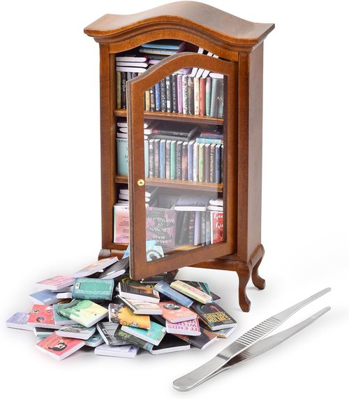 Handcrafted Mini Bookshelf | 100+ Unique Miniature Books for Book Lovers - Perfect Small Library