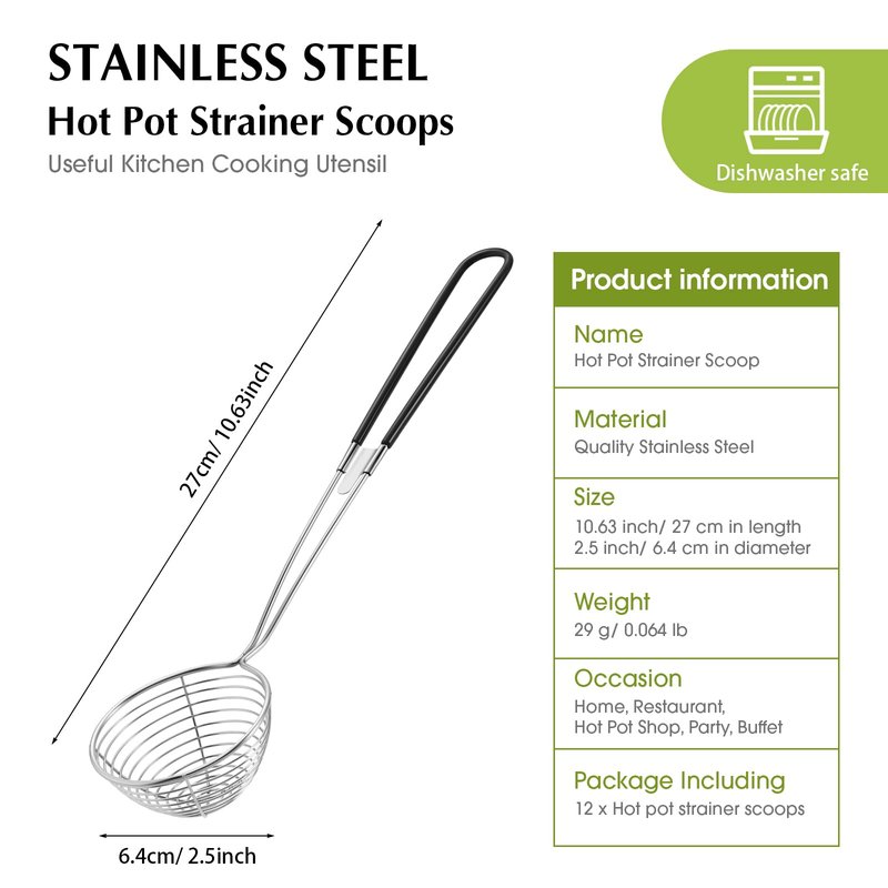 Geiserailie 12 Pieces Hot Pot Kit Strainer Scoops Stainless Steel 2.5 Inch Mini Spider Strainer Skimmer Pasta Mesh Spoon Asian Skimmer Spoon Ladle with Handle for Home (Black)