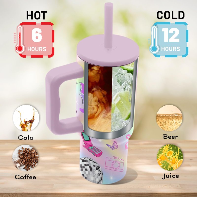 Hiboss Birthday Gifts for 10 Year Old Girls, in My Double Digits Era Tumbler with Handle 24oz, 10th Birthday Gifts for Girls, Iridescent Girl Music Disco Theme Party Cup