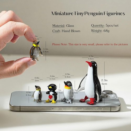 HDCRYSTALGIFTS Blown Glass Penguin Figurines Set - Handmade Miniature Ocean Animal Sculptures
