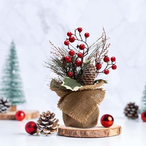 LOHASBEE Mini Christmas Tree - 10-Inch Portable Tabletop Decor with Red Berries | 2-Pack for Holiday Cheer