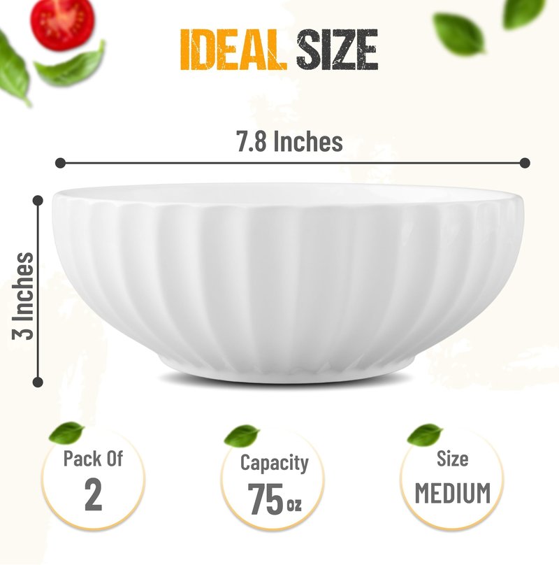 White Serving Bowls For Entertaining (7.8 inch) - Medium Sized Salad Bowls, Ceramic Serving Dishes, Large Bowl, Serving Bowl Set For Fruit Soup Pasta, Salad Serving Bowl, Big Dishes For Eating