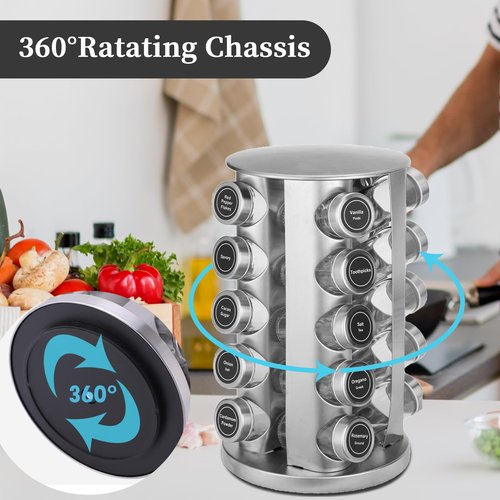 DZ CLAN Revolving Spice Rack, Spice Rack Organizer for Cabinet, Rotating Spice Rack Organizer with Jars(20Pcs)