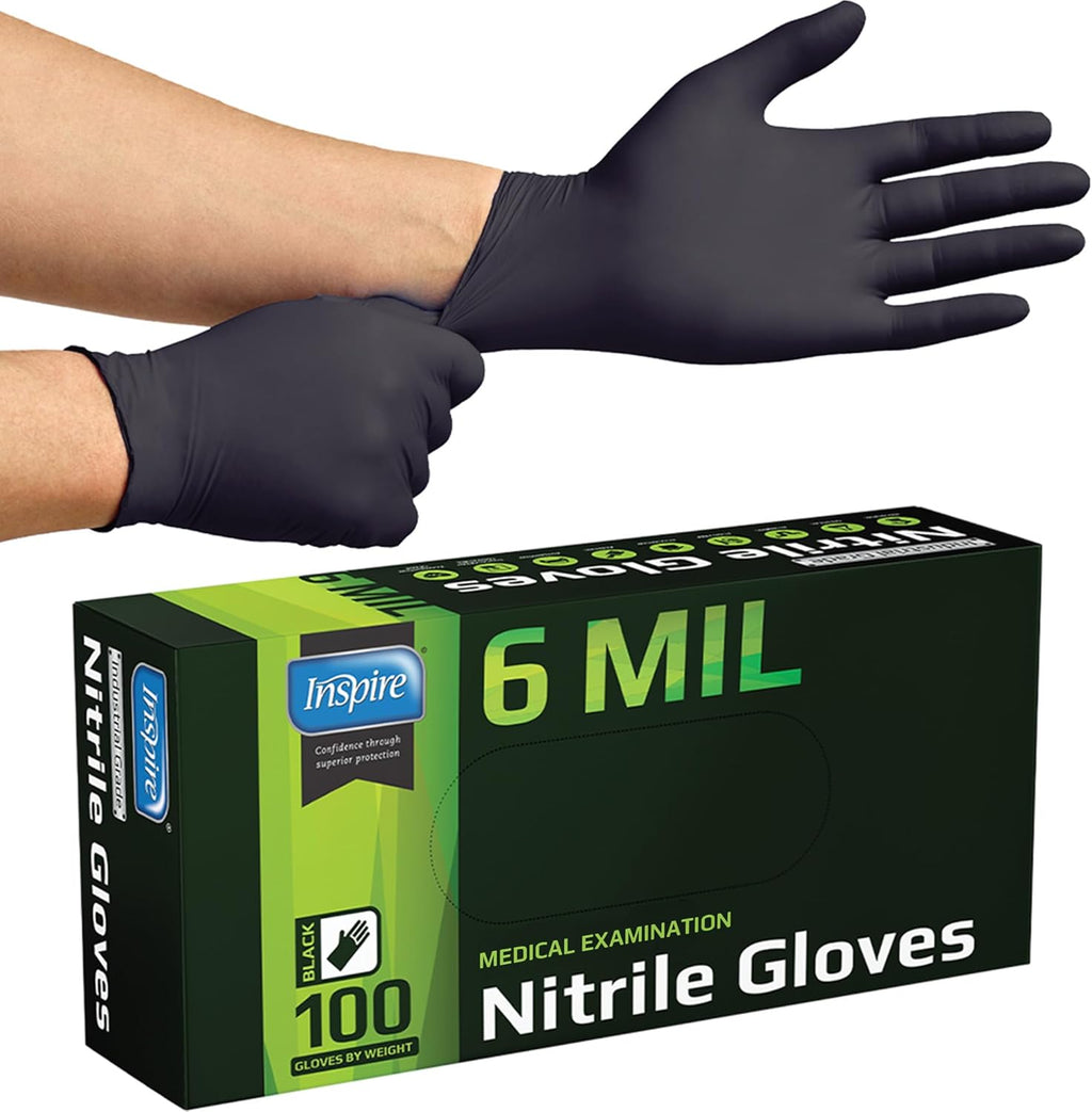 Skiennix Heavy Duty Black Nitrile Gloves - 6 Mil Chemical Resistant Disposable for Medical & Cleaning Use