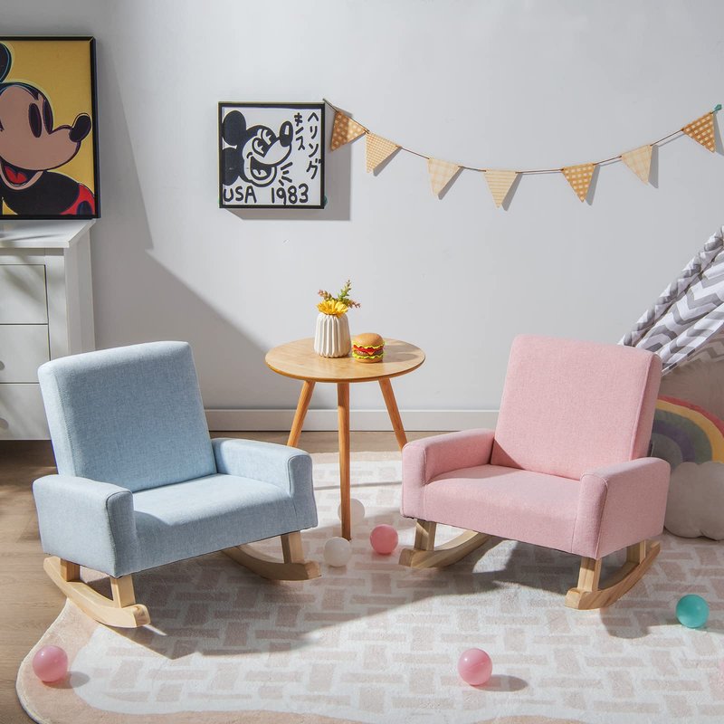 HOMGX Kids Rocking Chair, Toddler Couch with Solid Wood Base & Non-Slip Pads, Durable Linen Fabric Toddlers Sofa, Children Rocker Armchair in Playroom, Nursery, Bedroom