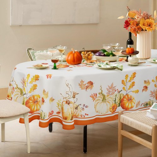 Oval Fall Tablecloth Autumn Pumpkin Table Cloths Thanksgiving Oval Tablecloth Waterproof,Anti-Wrinkle,Easy To Wash,Reusable Polyester Table Cover For Thanksgiving & Fall Decorations 60x84 Inch
