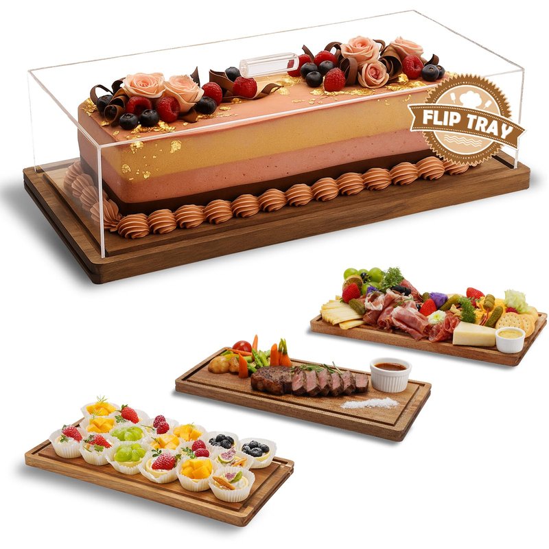 ClouTideR 15-25 Year-old Acacia Wood Cake Stand & Acrylic Lid, 2-in-1 Charcuterie Table Display Set, Wooden Dessert Board with Cover, Rectangle Flip Tray for Fine Dining Restaurant/Home Party(16x7.9”)