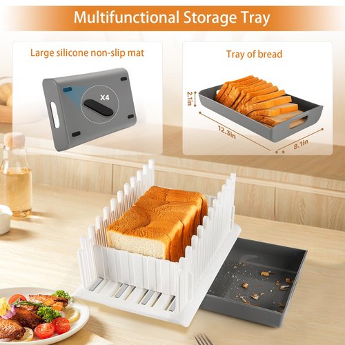 YONGAIJIA Bread Slicer Guide for Homemade Bread with 304 Stainless Steel Sheet and Storage Tray、3-Slice Thickness，Adjustable Width for Cake、Bagels、Toast.