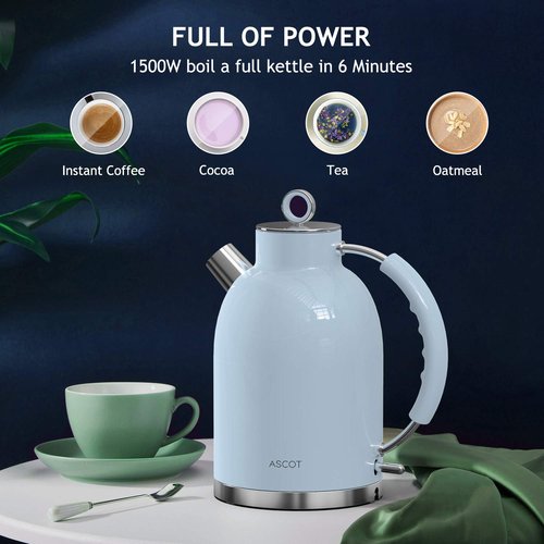 ASCOT Electric Kettle, Stainless Steel Kettle Water Boiler, Fast Boiling Kettle, 1.5L, 1500W, BPA-Free, Cordless, Automatic Shutoff, Boil-Dry Protection(Blue)
