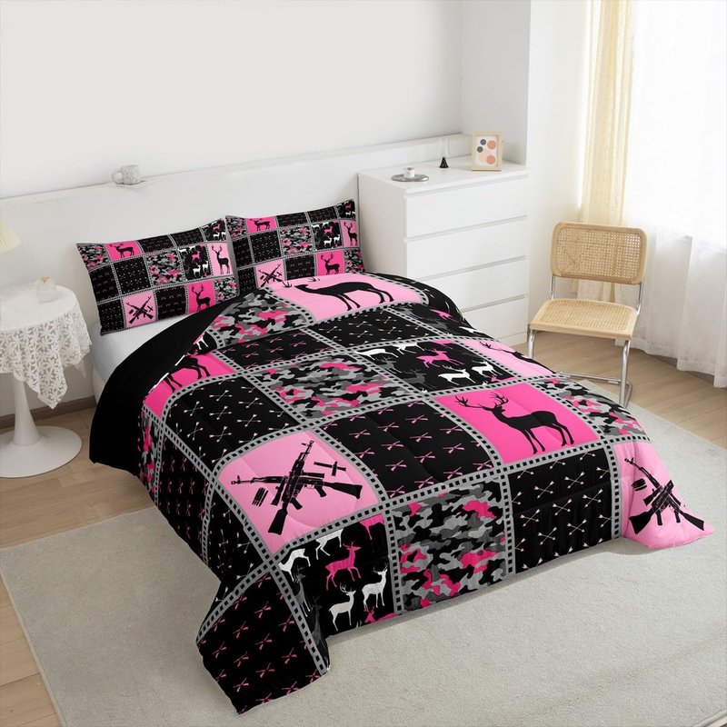 Feelyou Twin Size Cute Deer Bedding Set Boys Girls Deer Hunting Camo Comforter Set for Kids Women Men Ultra Soft Antlers Western Farmhouse Comforter Pink Black Duvet Set Room Decor Quilt Set