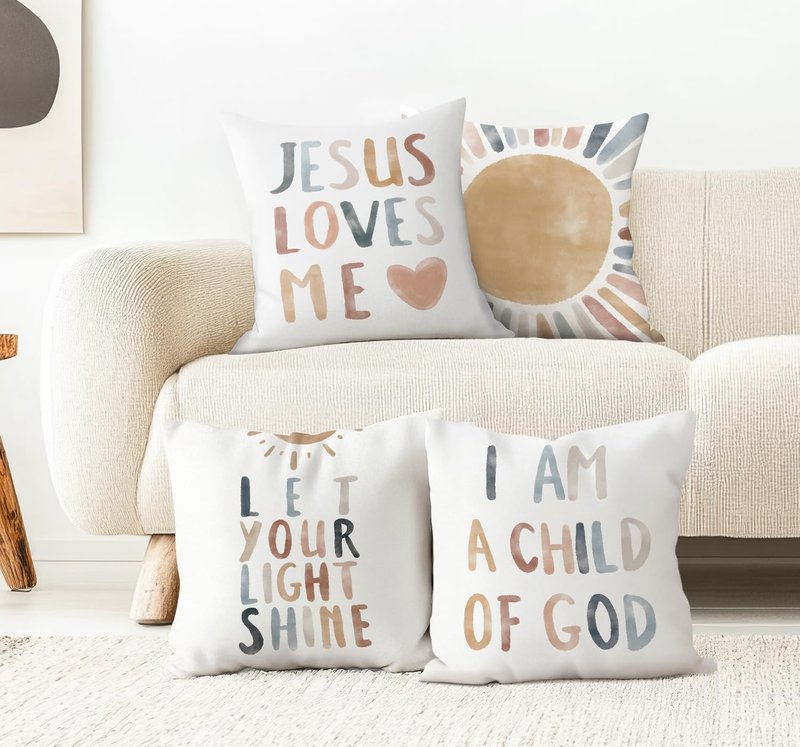 ISANOU Jesus Loves Me Throw Pillow Covers, Sun Decorate Pillow Covers for Nursery Baby Room Kids Room,Inspirational Bible Verses 18x18 Inch Pillowcase Set of 4