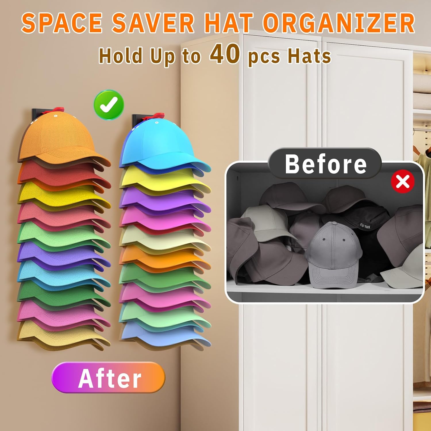 Volnamal Hat Organizer - Space-Saving Wall Rack for 40 Baseball Caps | 2 Pack (Black & Color)