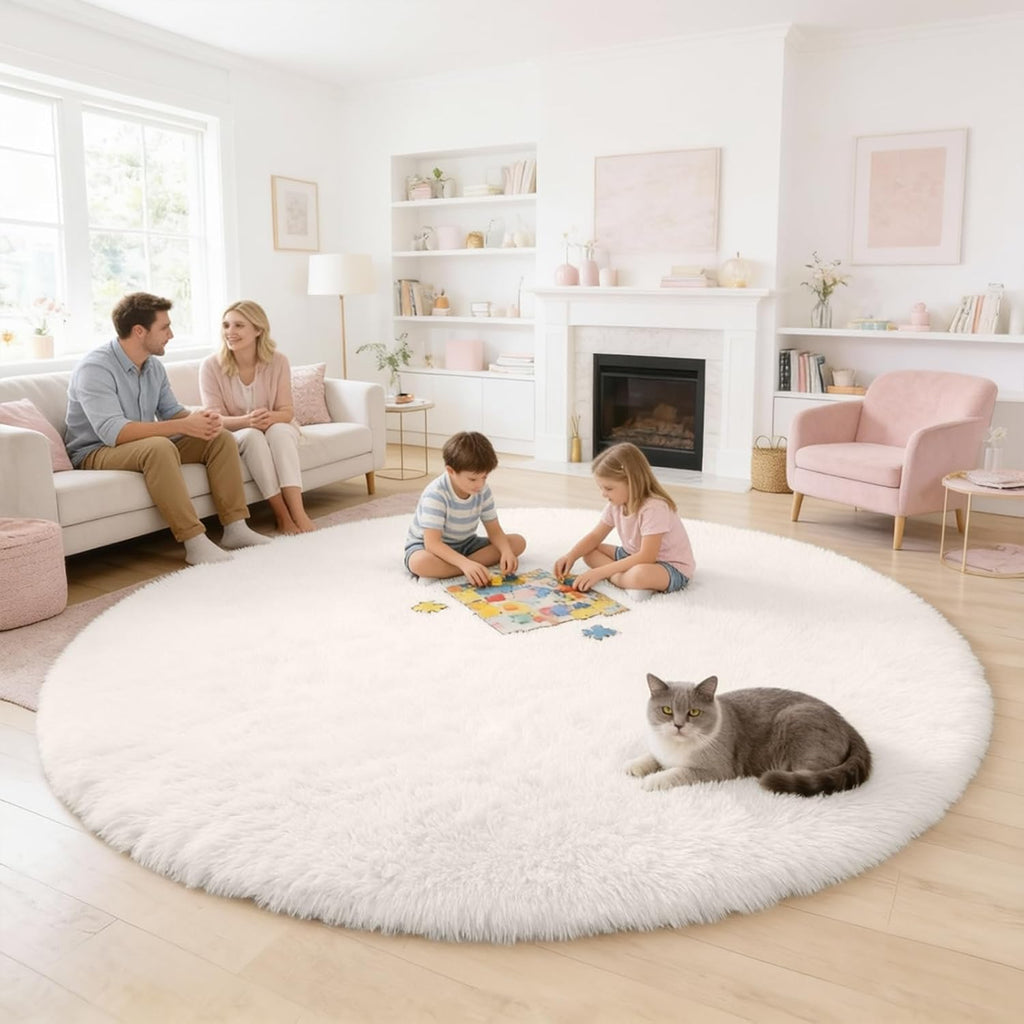OLANLY Ivory Round Area Rug - Soft, Fluffy, Machine Washable 6 ft Circle Carpet for Bedroom & Living Room Decor