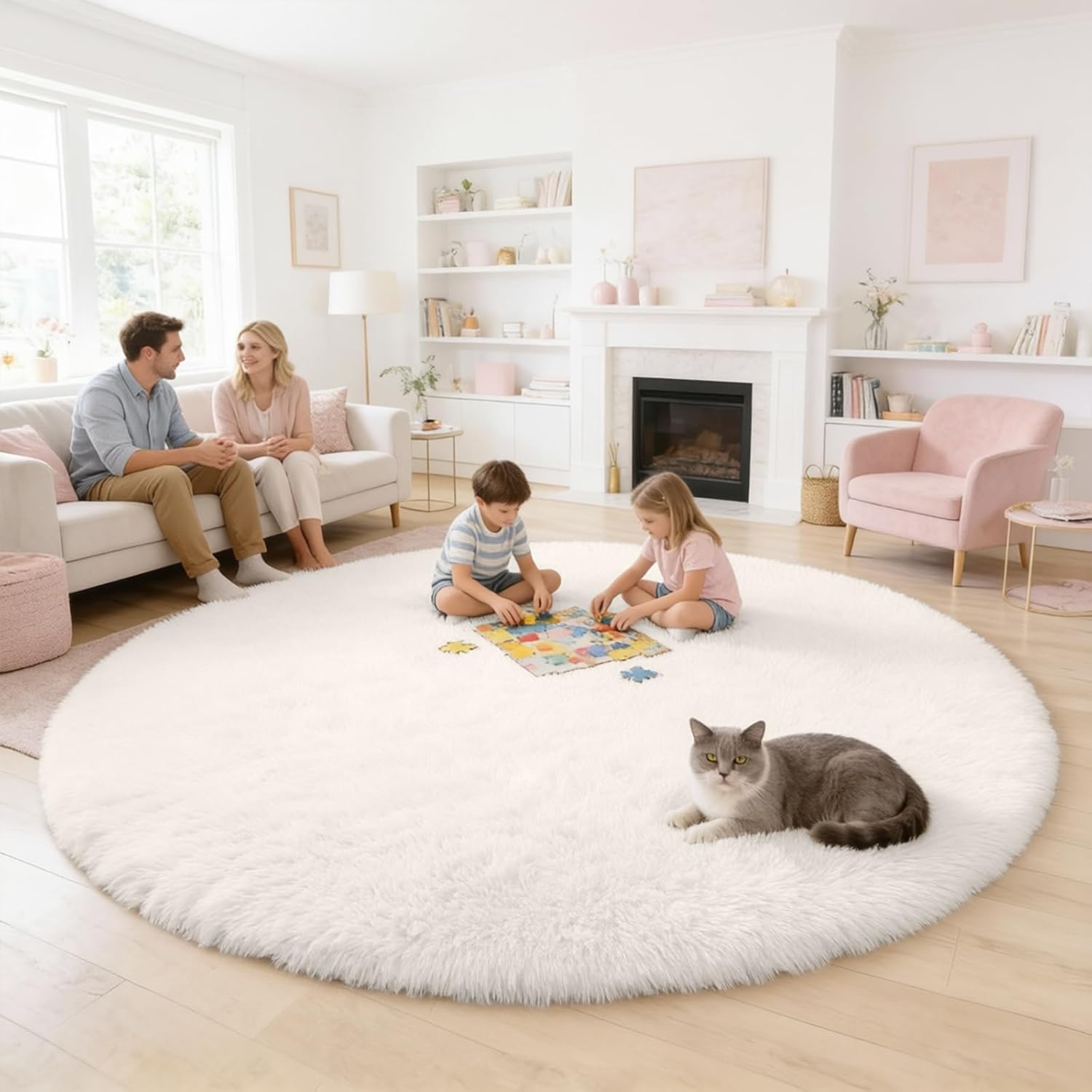 OLANLY Ivory Round Area Rug - Soft, Fluffy, Machine Washable 6 ft Circle Carpet for Bedroom & Living Room Decor