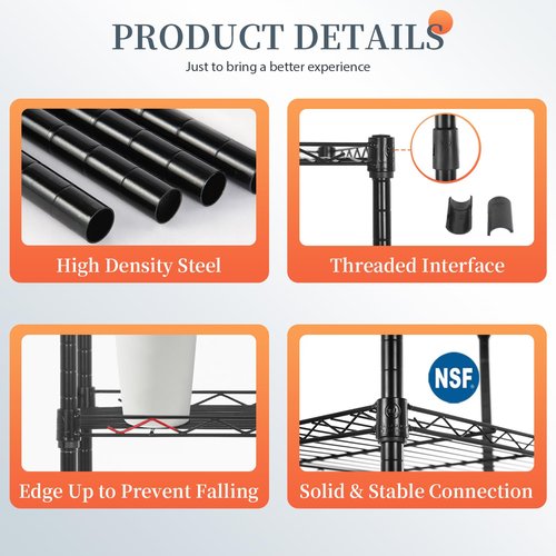BestOffice 6-Shelf Storage Shelves, Adjustable Shelving Unit Wire Shelving Metal Shelves,11.8" D x 16.7" W x 63.6" H,Black