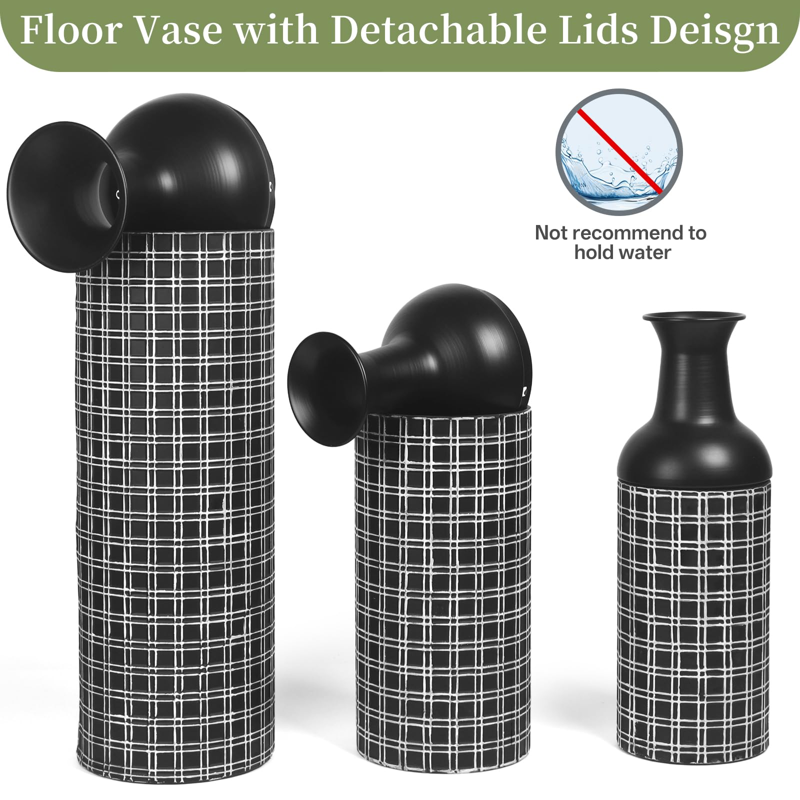 Tall Floor Vase Set of 3, Large Black Metal Vase with Minimalist White Lines & Detachable Vases Mouth, Big Modern Decorative Vases for Living Room,Hallway,Dining Rooms,Office,Kitchen.