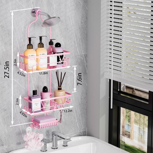 DAOYA Hanging Shower Caddy - Anti-Swing Organizer with 2 Soap Holders & Multi Hooks | Rustproof Pink Bathroom Accessory