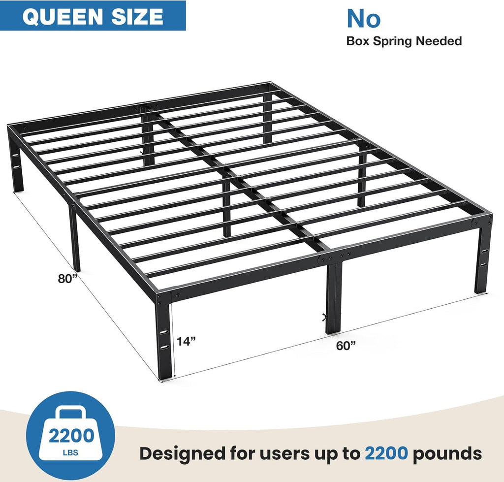 OLIXIS Metal Queen Bed Frame - 14-Inch High with Storage Space | Heavy-Duty Steel Slat Support, Black