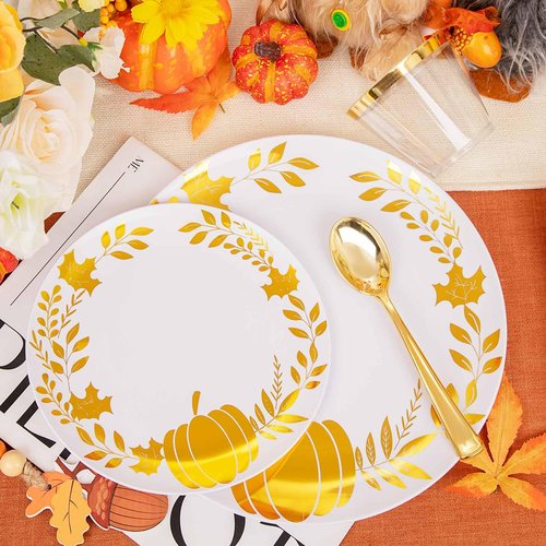 Ciaell 175PCS Thanksgiving Plastic Plate - Disposable Dinnerware Set - White and Gold Plastic Plates Include 50Plates, 75Silverware, 25Cups, 25Napkins for Thanksgiving & Party