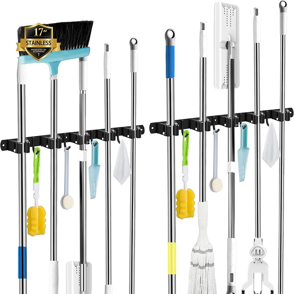 AceMining Broom Holder - 2 Pack Wall Mount Mop Organizer with 5 Racks & 4 Hooks | Heavy-Duty Stainless Steel