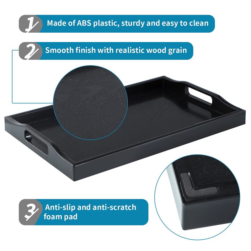 MDLUU Set of 2 Plastic Serving Tray, Ottoman Tray with Cutout Handles, Rectangle Butler Tray for Breakfast in Bed, Coffee Table, Kitchen Countertop (Black)