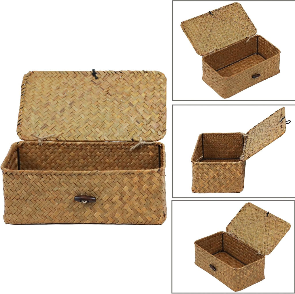 Wicker Storage Basket - Natural Seagrass Organizer with Lid | Rectangular Decorative Bin