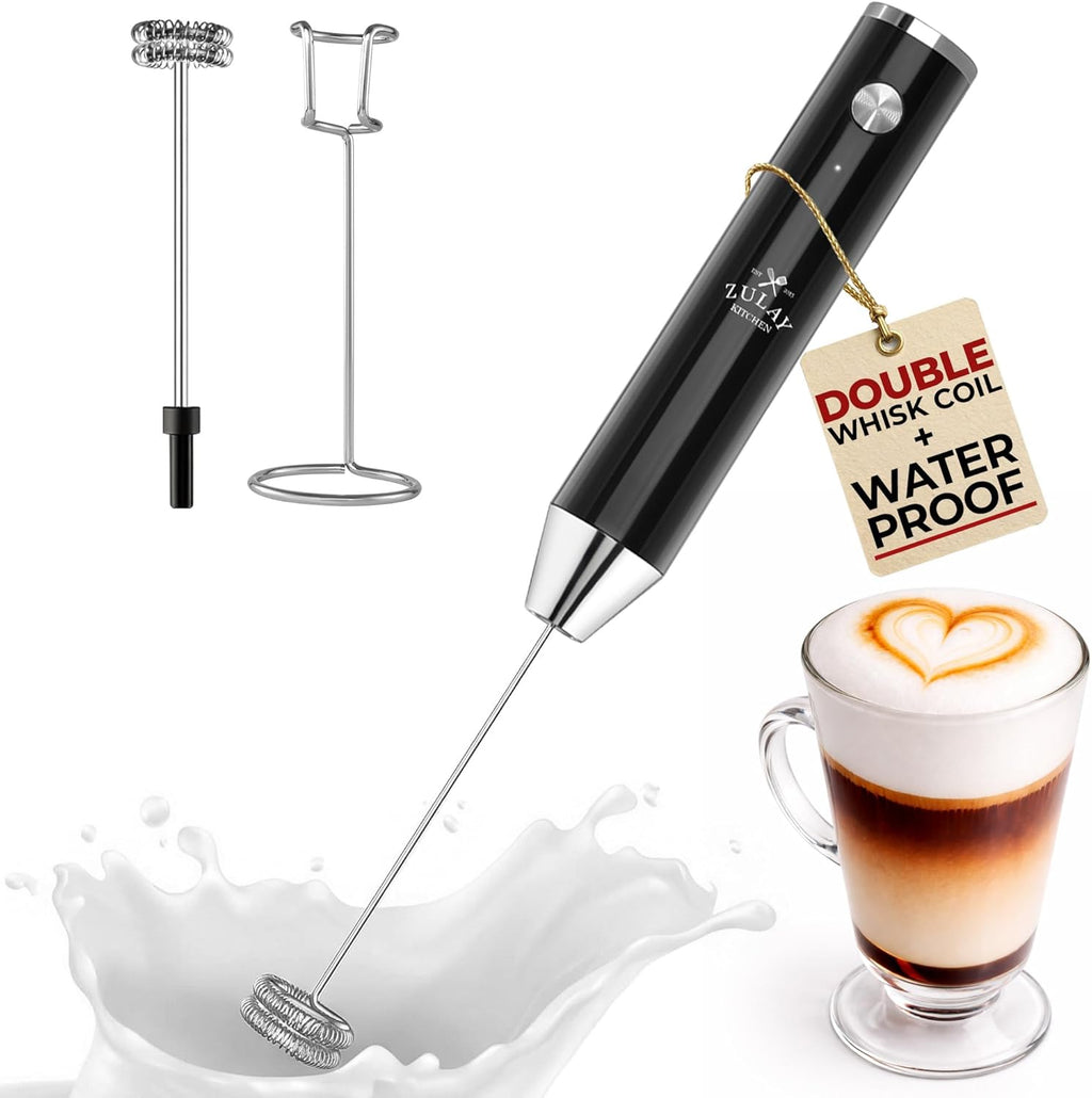 Zulay Kitchen Rechargeable Milk Frother - Powerful 2-Speed Motor, Waterproof, 2000mAh Battery | Perfect for Latte, Cappuccino & Matcha - Obsidian Black