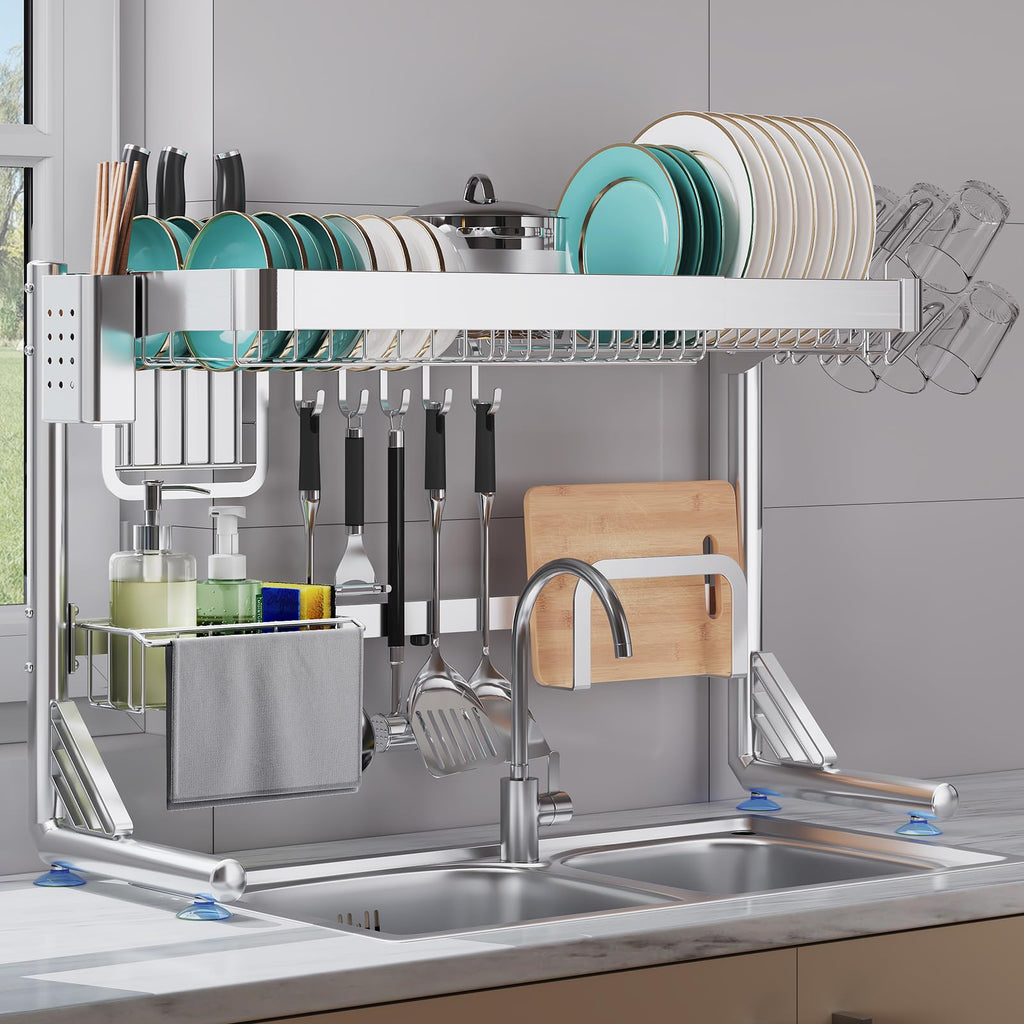 Shrivee Over The Sink Dish Drainer Drying Rack, 2 Tier Adjustable Width (20.87'' to 37.6'') 304 Stainless Steel Large Over Sink Dish Drying Rack for Kitchen Counter Organizer, (Silver)