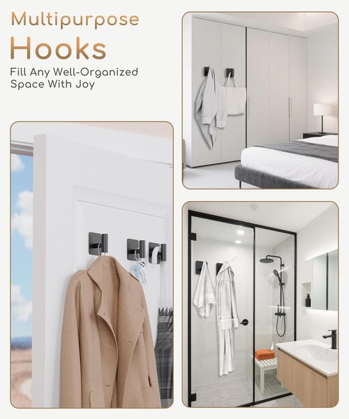 Aikzik Heavy Duty Wall Hooks - 26lb Max Stainless Steel Adhesive Towel & Coat Hooks | Matte Black, 4 Pack