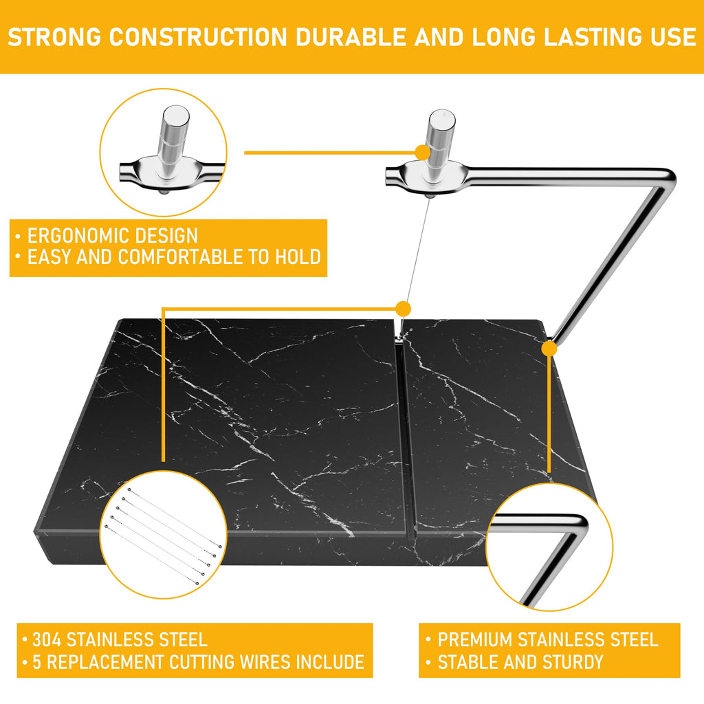 TOPULORS Cheese Slicer - Cheese Cutter with 5 Replacement Upgrade Thick Cutting Wires - Heavy Duty 5" x 8" Marble Board Cheese Slicer for Block Cheeses - Kitchen Gadget Cheese Tool - Black