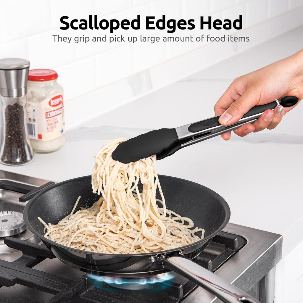 U-Taste Kitchen Tongs - 9 Inch Heat Resistant Silicone Cooking Tongs with Non-Stick Tips & Stainless Steel Handle | Black